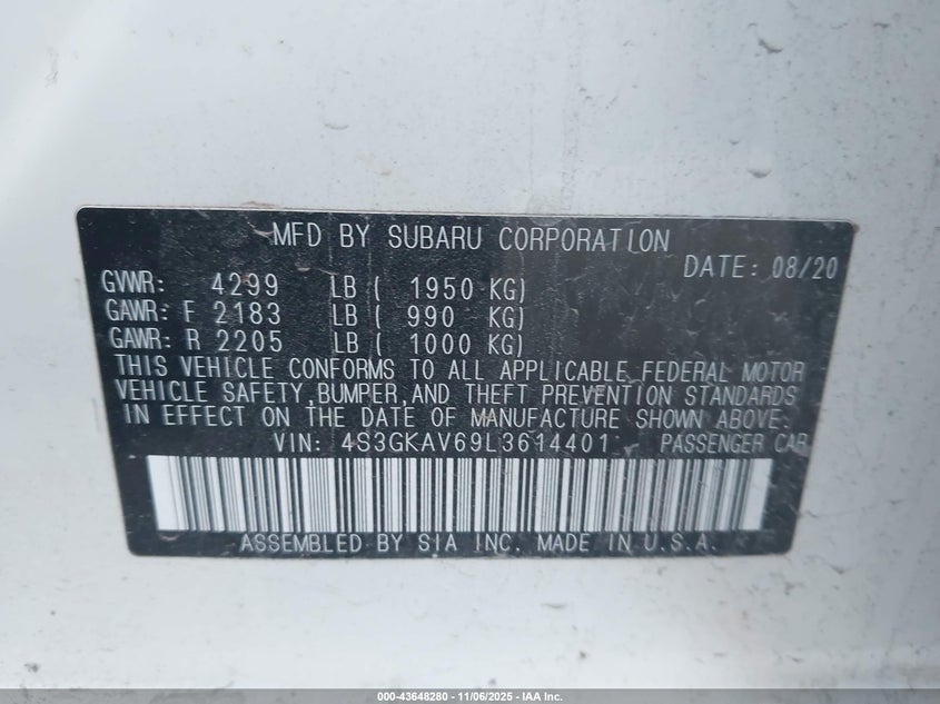 2020 SUBARU IMPREZA PREMIUM 4S3GKAV69L3614401