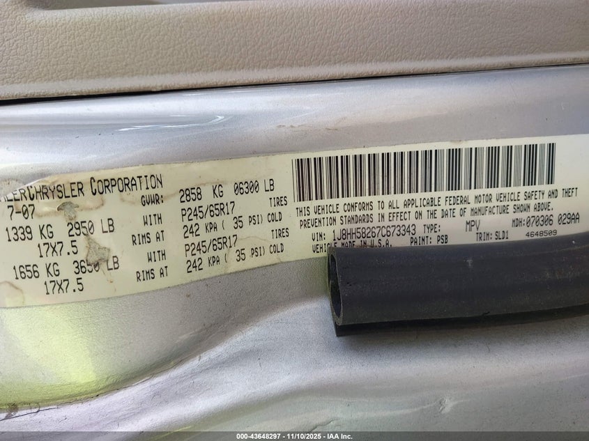 2007 Jeep Commander Limited VIN: 1J8HH58267C673343 Lot: 43648297