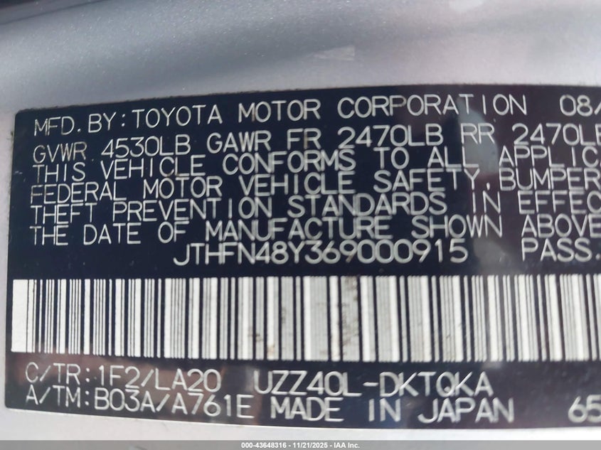 2006 Lexus Sc 430 VIN: JTHFN48Y369000915 Lot: 43648316