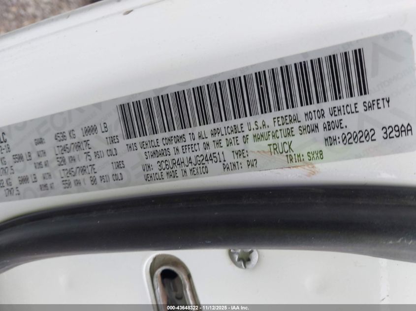 2018 Ram 2500 Tradesman 4X2 8' Box VIN: 3C6UR4HJ4JG244511 Lot: 43648322