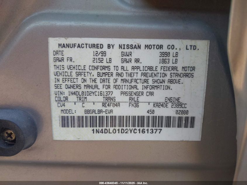 2000 Nissan Altima Gle/Gxe/Se/Xe VIN: 1N4DL01D2YC161377 Lot: 43648345