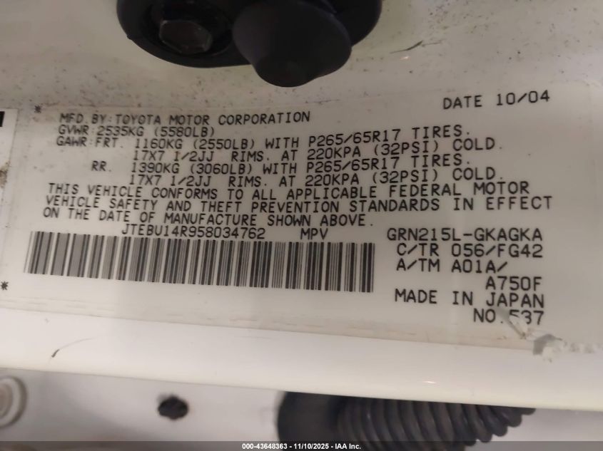 2005 Toyota 4Runner Sr5 V6 VIN: JTEBU14R958034762 Lot: 43648363