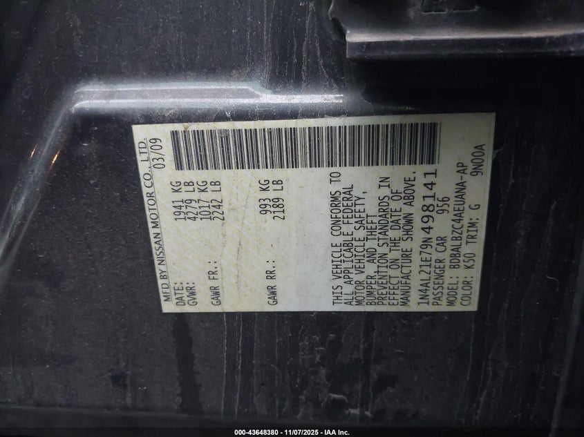 1N4AL21E79N498141 2009 NISSAN ALTIMA photo no. 9
