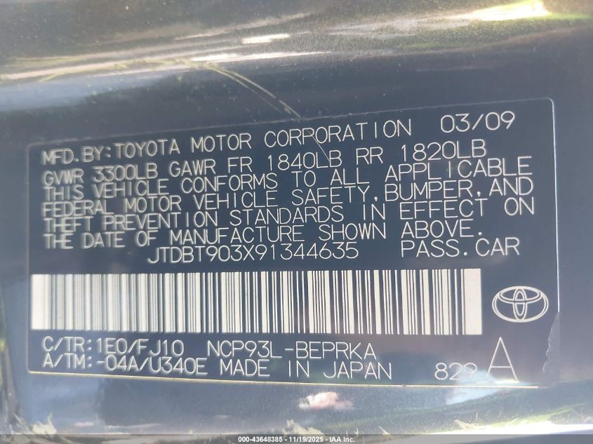 2009 Toyota Yaris VIN: JTDBT903X91344635 Lot: 43648385