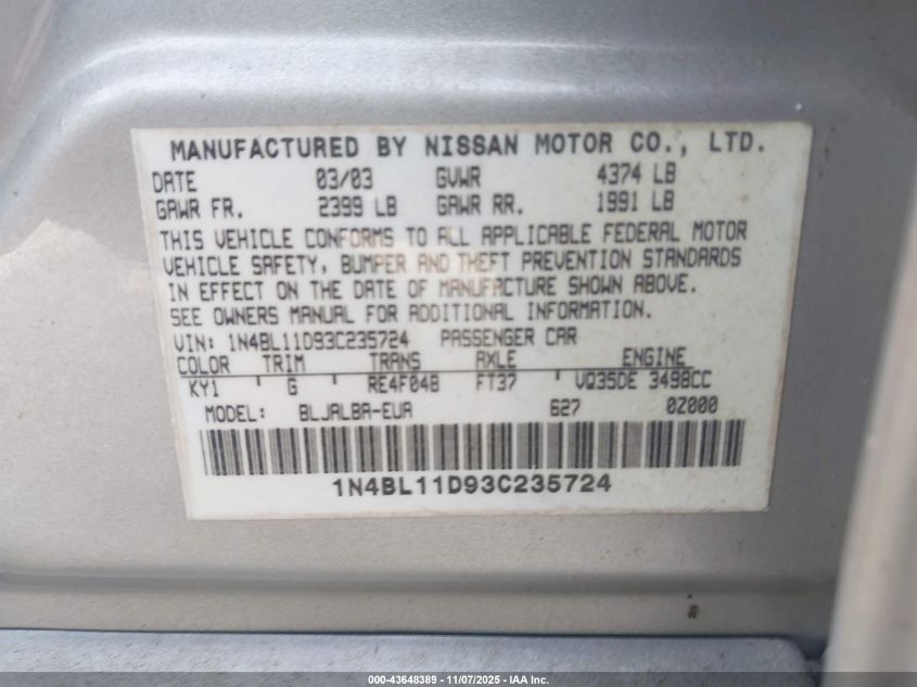 2003 Nissan Altima 3.5 Se VIN: 1N4BL11D93C235724 Lot: 43648389