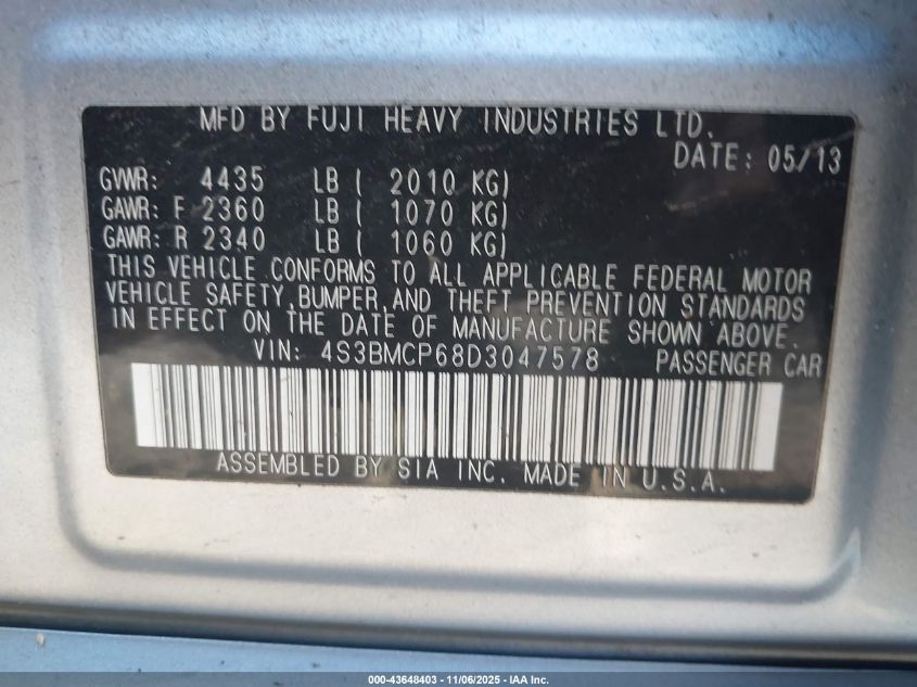 2013 Subaru Legacy 2.5I Limited VIN: 4S3BMCP68D3047578 Lot: 43648403