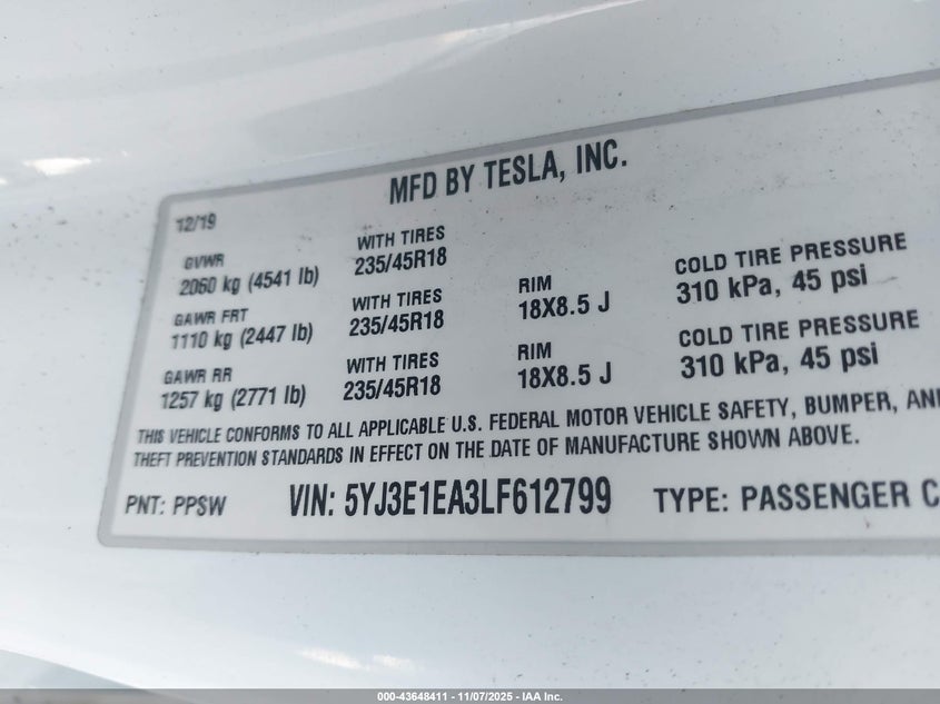 2020 Tesla Model 3 Standard Range Plus Rear-Wheel Drive/Standard Range Rear-Wheel Drive VIN: 5YJ3E1EA3LF612799 Lot: 43648411