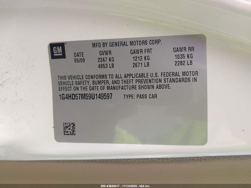 2009 Buick Lucerne Cxl VIN: 1G4HD57M59U149597 Lot: 43648417