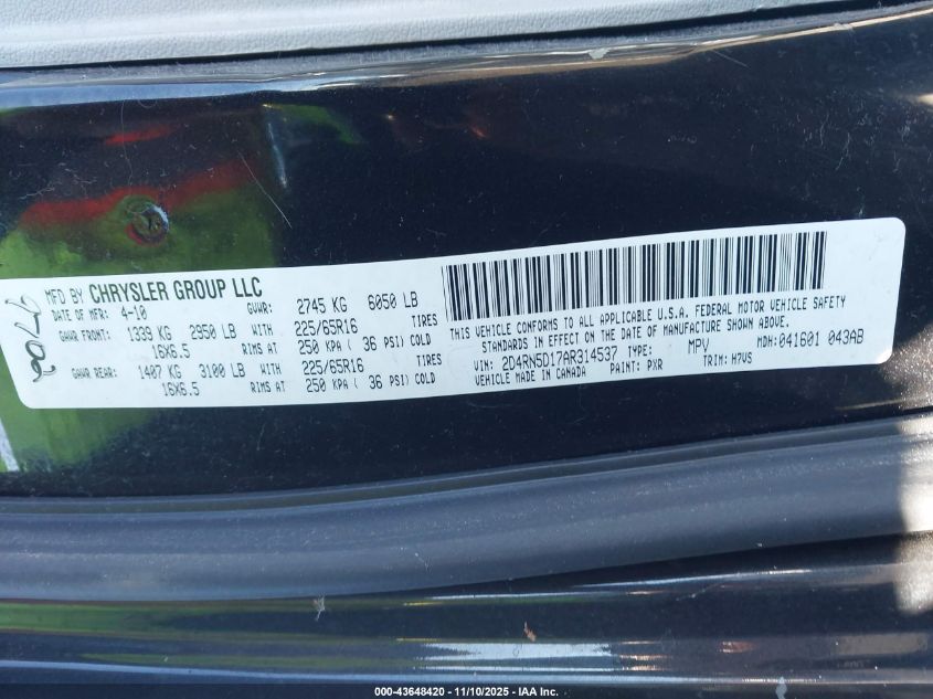 2010 Dodge Grand Caravan Sxt VIN: 2D4RN5D17AR314537 Lot: 43648420