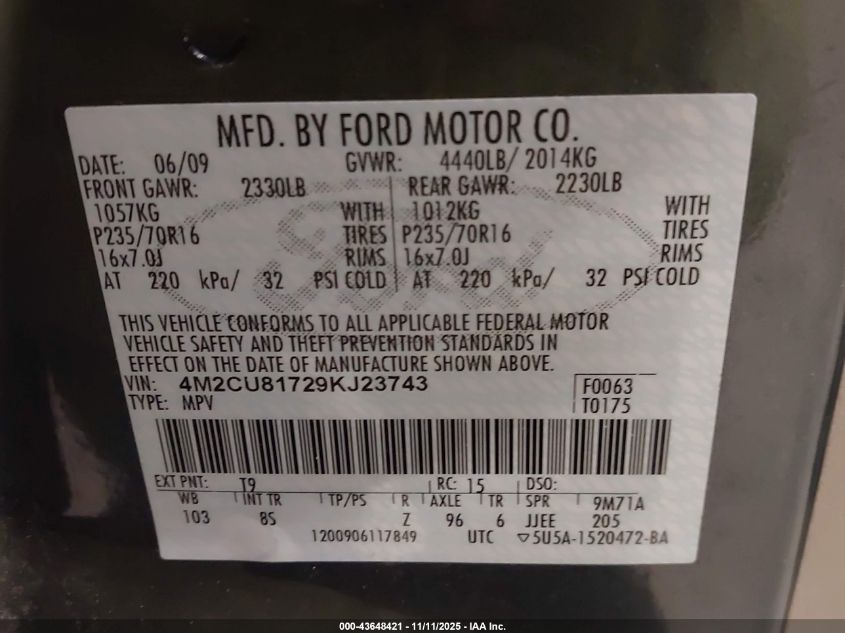 2009 Mercury Mariner I4 VIN: 4M2CU81729KJ23743 Lot: 43648421