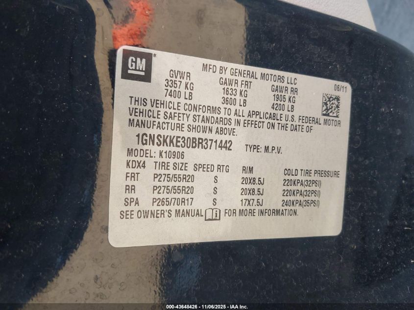 2011 Chevrolet Suburban 1500 Ltz VIN: 1GNSKKE30BR371442 Lot: 43648426