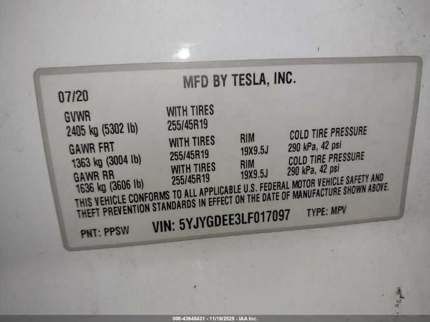 2020 Tesla Model Y Long Range Dual Motor All-Wheel Drive VIN: 5YJYGDEE3LF017097 Lot: 43648431