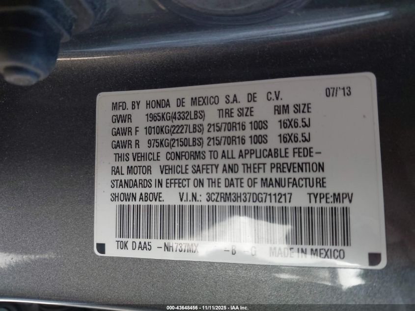 2013 Honda Cr-V Lx VIN: 3CZRM3H37DG711217 Lot: 43648456