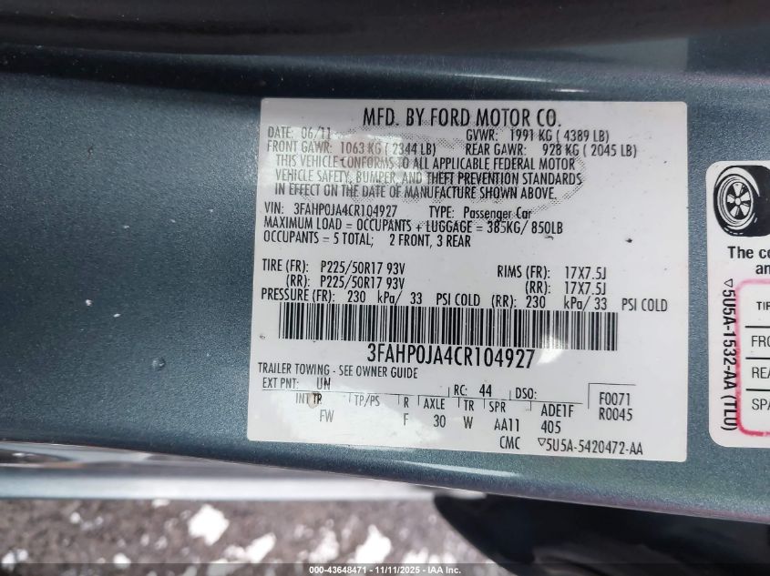 2012 Ford Fusion Sel VIN: 3FAHP0JA4CR104927 Lot: 43648471