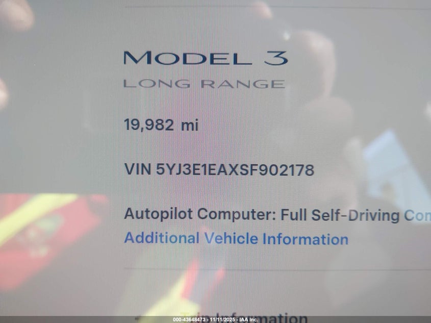 2025 Tesla Model 3 Long Range Rear-Wheel Drive/Standard VIN: 5YJ3E1EAXSF902178 Lot: 43648473