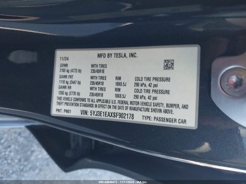 2025 Tesla Model 3 Long Range Rear-Wheel Drive/Standard VIN: 5YJ3E1EAXSF902178 Lot: 43648473