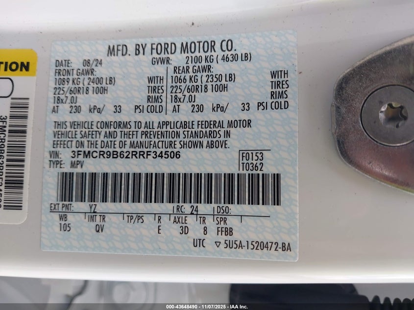 3FMCR9B62RRF34506 2024 FORD BRONCO SPORT photo no. 9