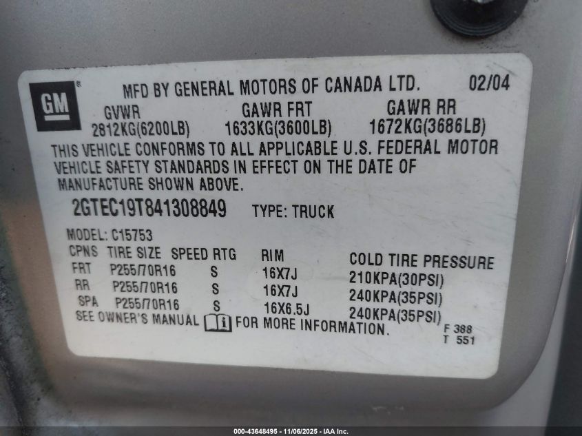 2004 GMC Sierra 1500 Sle VIN: 2GTEC19T841308849 Lot: 43648495