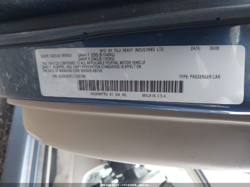 2007 Subaru Legacy 2.5I VIN: 4S3BL616177205169 Lot: 43648502