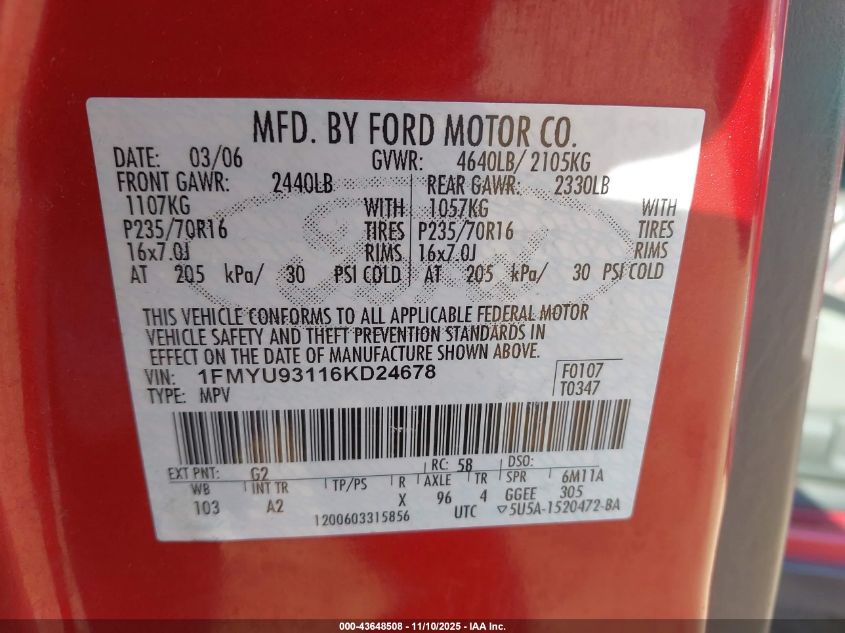 2006 Ford Escape Xlt/Xlt Sport VIN: 1FMYU93116KD24678 Lot: 43648508