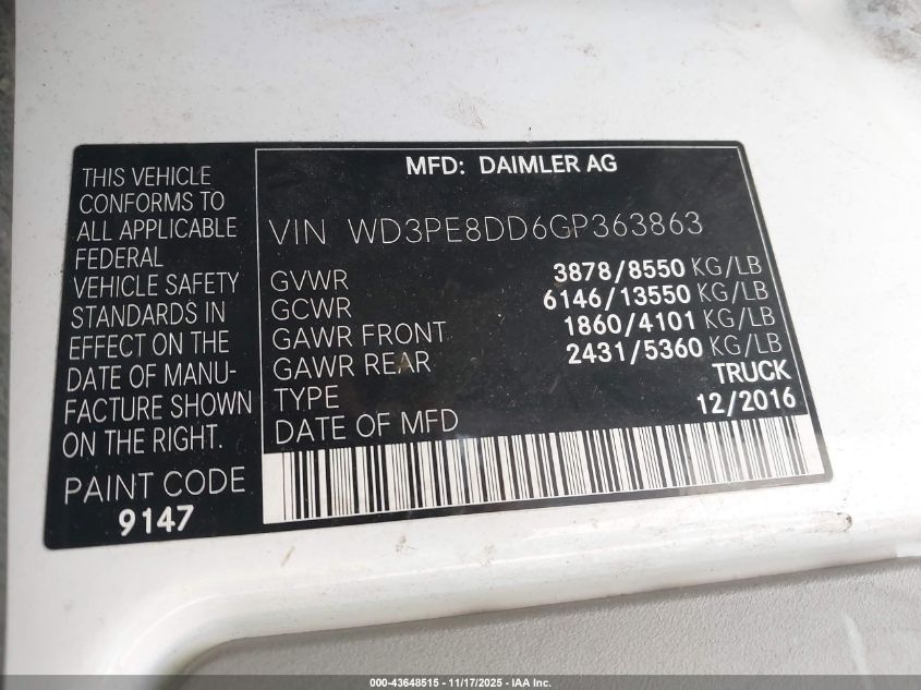 2016 Mercedes-Benz Sprinter 2500 High Roof/High Roof VIN: WD3PE8DD6GP363863 Lot: 43648515