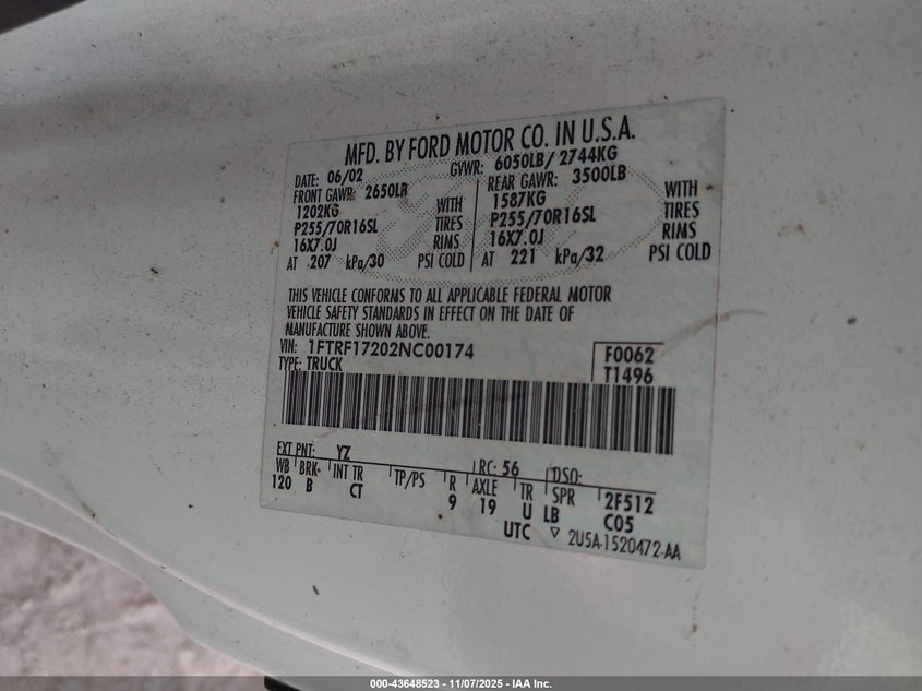 2002 Ford F-150 Xl/Xlt VIN: 1FTRF17202NC00174 Lot: 43648523