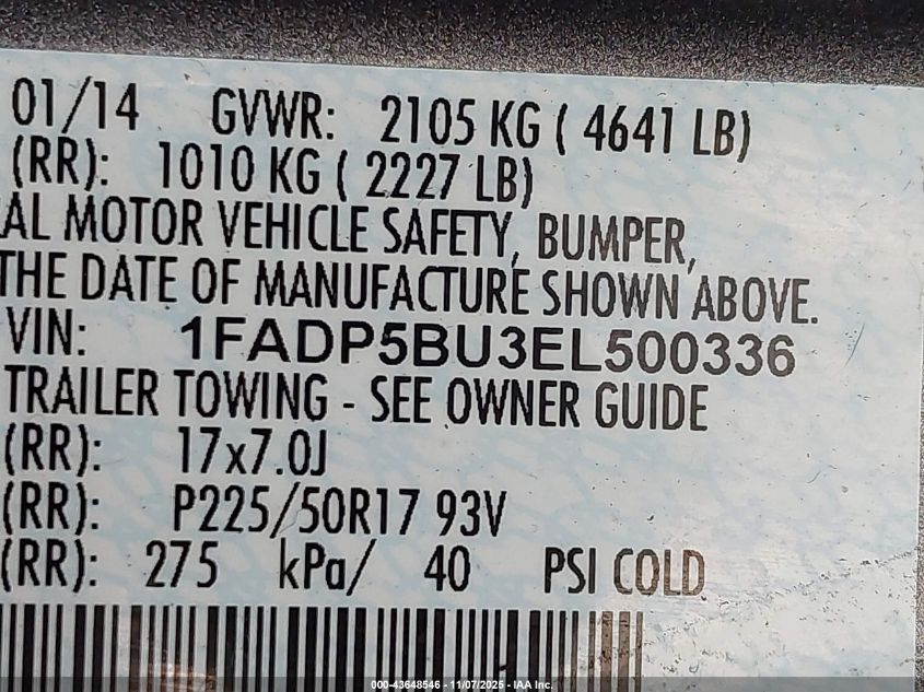 2014 Ford C-Max Hybrid Sel VIN: 1FADP5BU3EL500336 Lot: 43648546