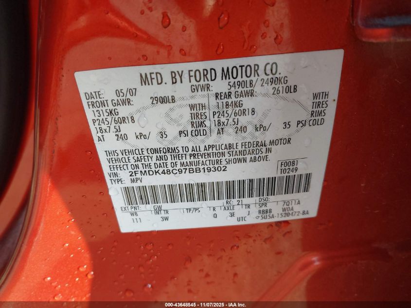 2007 Ford Edge Sel VIN: 2FMDK48C97BB19302 Lot: 43648545