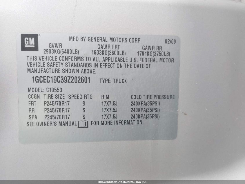 2009 Chevrolet Silverado 1500 Work Truck VIN: 1GCEC19C39Z202601 Lot: 43648572