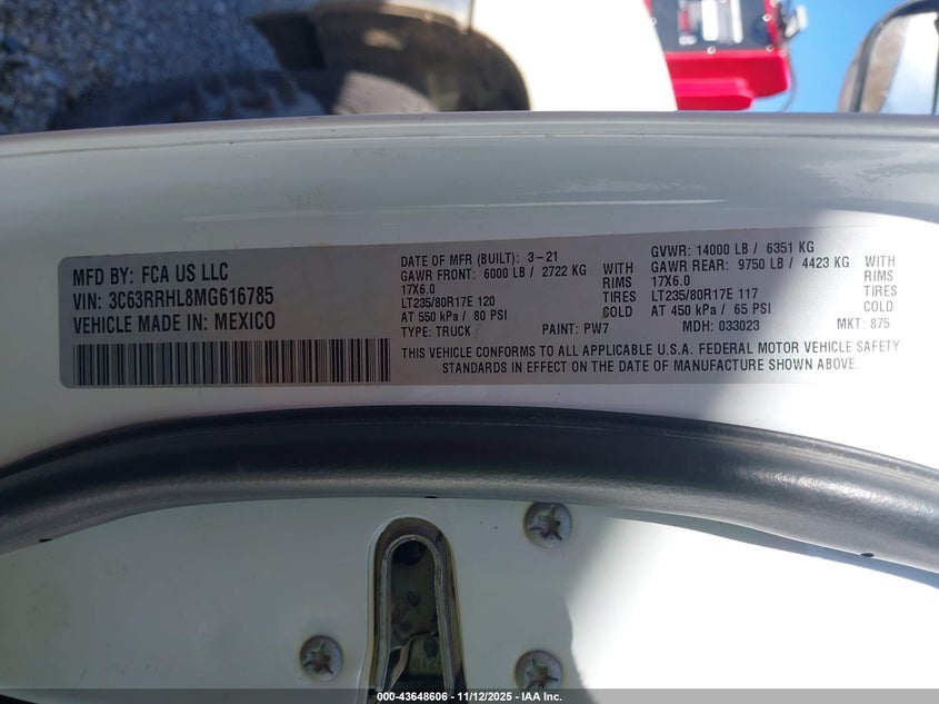 2021 Ram 3500 Big Horn 4X4 8' Box VIN: 3C63RRHL8MG616785 Lot: 43648606