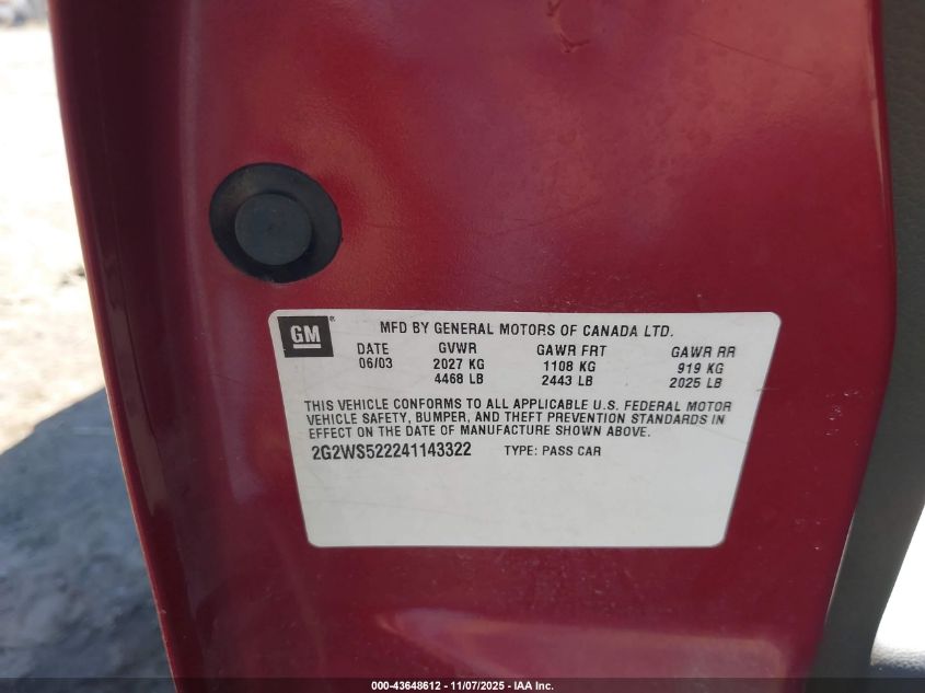 2004 Pontiac Grand Prix Gt2 VIN: 2G2WS522241143322 Lot: 43648612