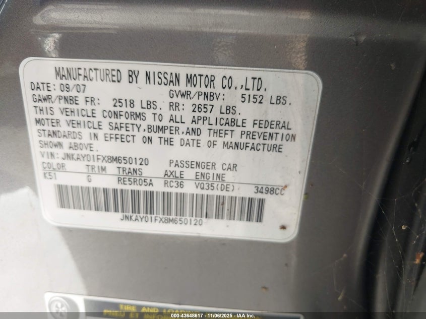 2008 Infiniti M35X VIN: JNKAY01FX8M650120 Lot: 43648617