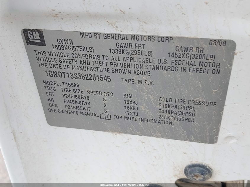 2008 Chevrolet Trailblazer Lt VIN: 1GNDT13S382261545 Lot: 43648654