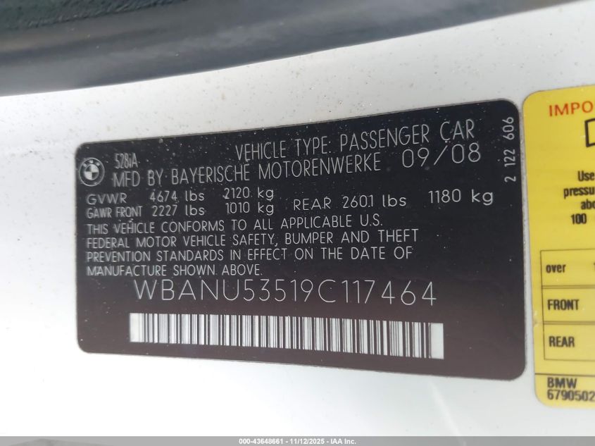 2009 BMW 528I VIN: WBANU53519C117464 Lot: 43648661