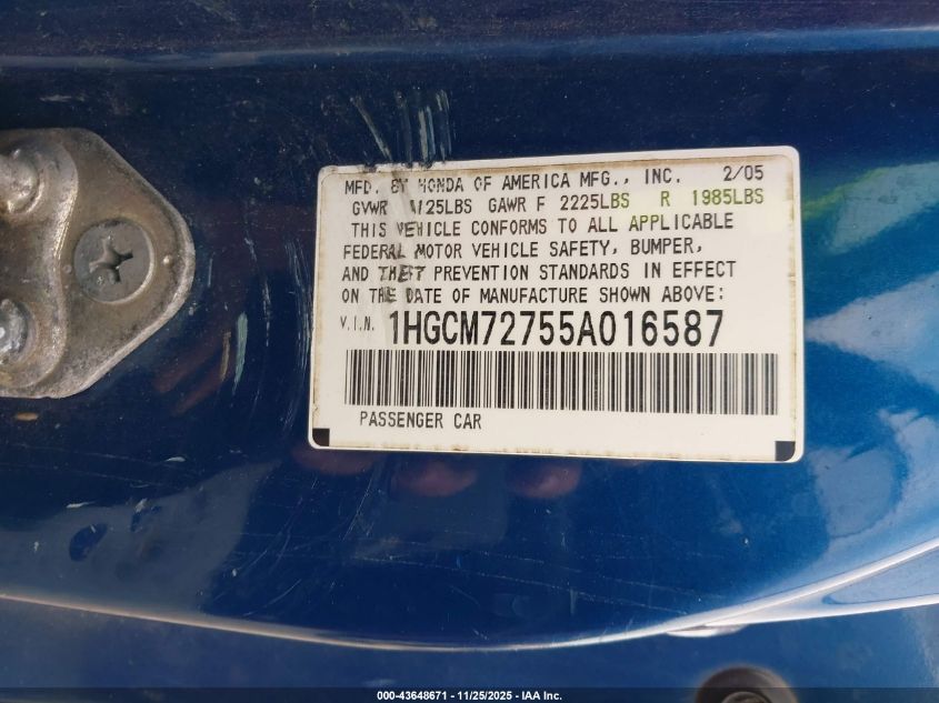 2005 Honda Accord 2.4 Ex VIN: 1HGCM72755A016587 Lot: 43648671