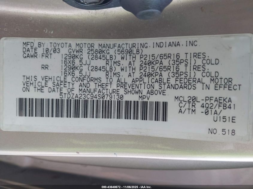 2004 Toyota Sienna Le VIN: 5TDZA23C94S079130 Lot: 43648672