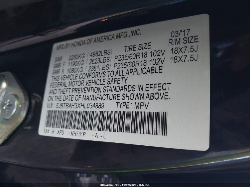 2017 Acura Rdx Acurawatch Plus Package VIN: 5J8TB4H3XHL034889 Lot: 43648702