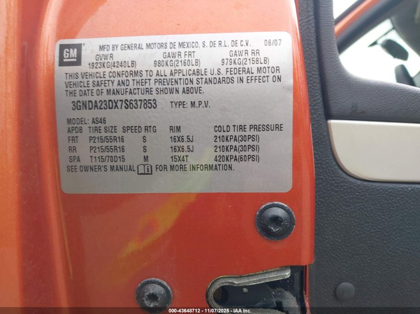 2007 Chevrolet Hhr Lt VIN: 3GNDA23DX7S637853 Lot: 43648712