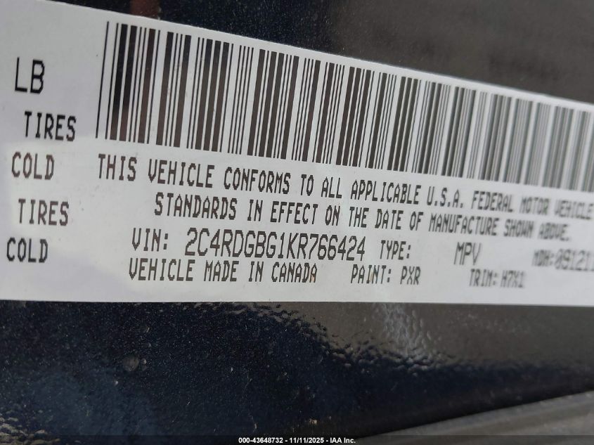 2019 Dodge Grand Caravan Se VIN: 2C4RDGBG1KR766424 Lot: 43648732