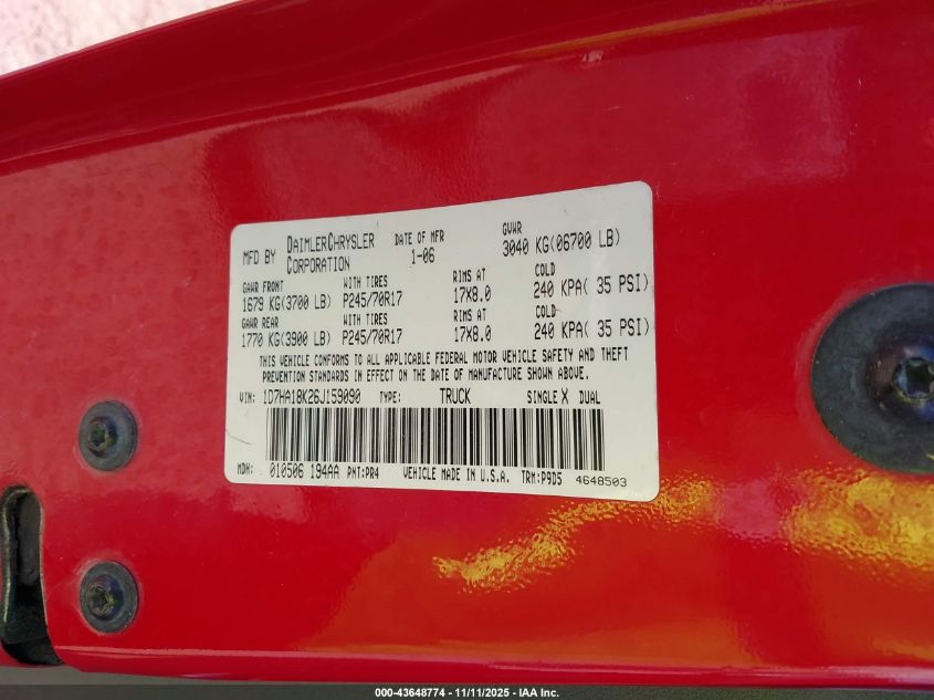 2006 Dodge Ram 1500 St VIN: 1D7HA18K26J159090 Lot: 43648774