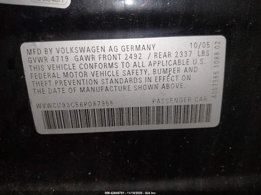 2006 Volkswagen Passat 3.6 VIN: WVWCU93C56P087955 Lot: 43648781