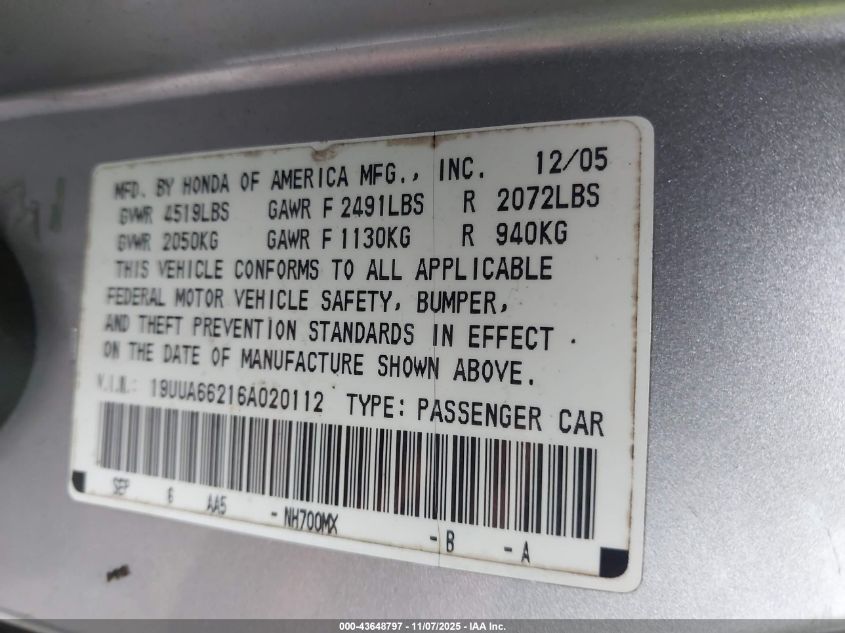 2006 Acura Tl VIN: 19UUA66216A020112 Lot: 43648797