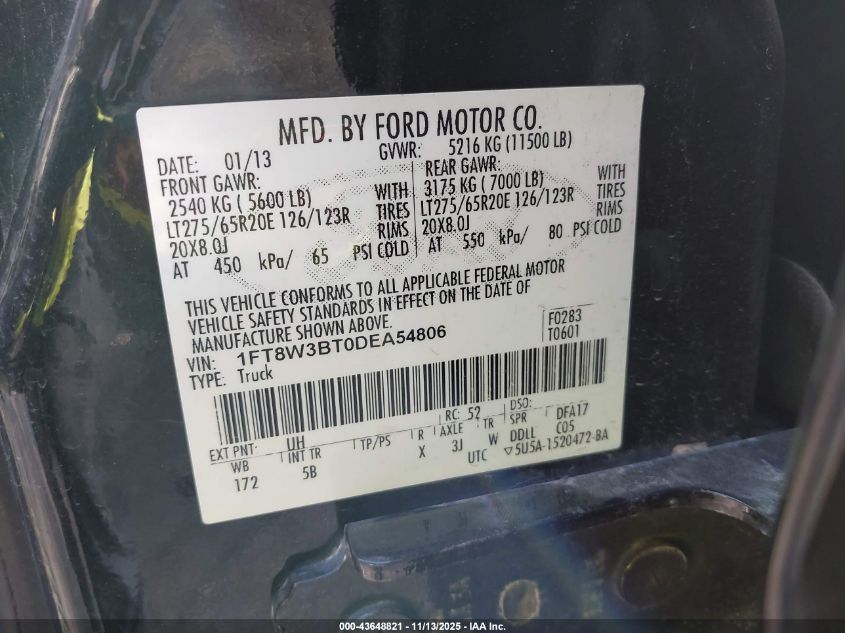 2013 Ford F-350 Lariat VIN: 1FT8W3BT0DEA54806 Lot: 43648821