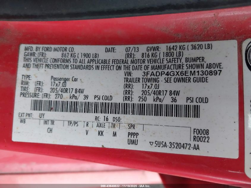 2014 Ford Fiesta St VIN: 3FADP4GX6EM130897 Lot: 43648822