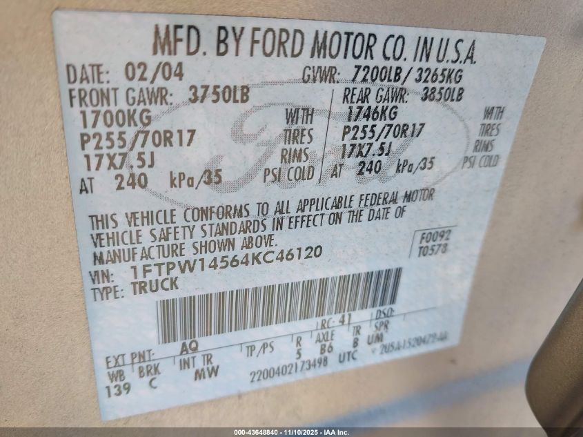 2004 Ford F-150 Fx4/Lariat/Xlt VIN: 1FTPW14564KC46120 Lot: 43648840