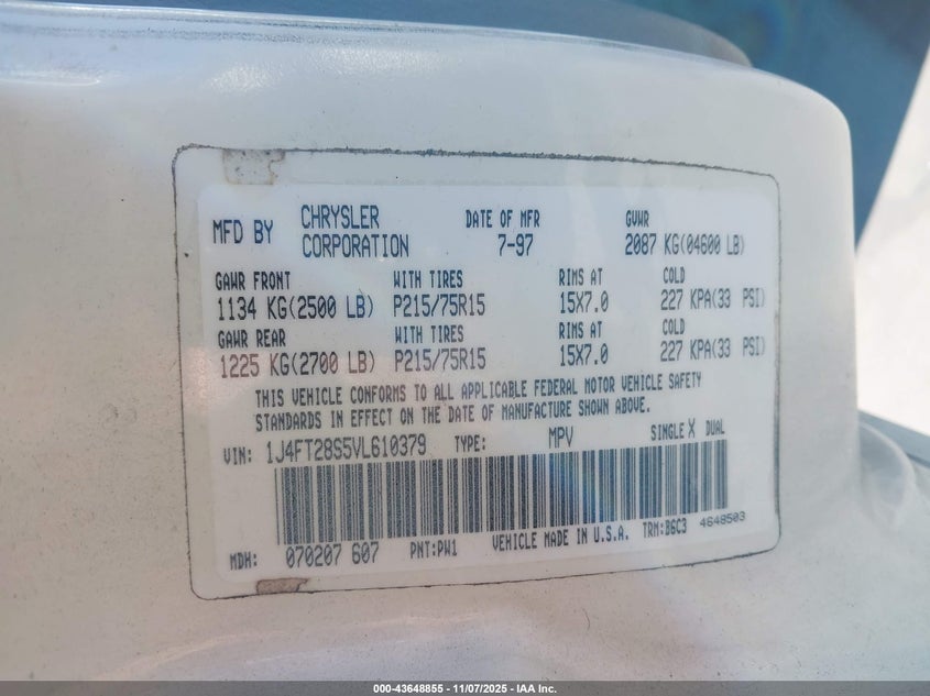 1997 Jeep Cherokee Se VIN: 1J4FT28S5VL610379 Lot: 43648855