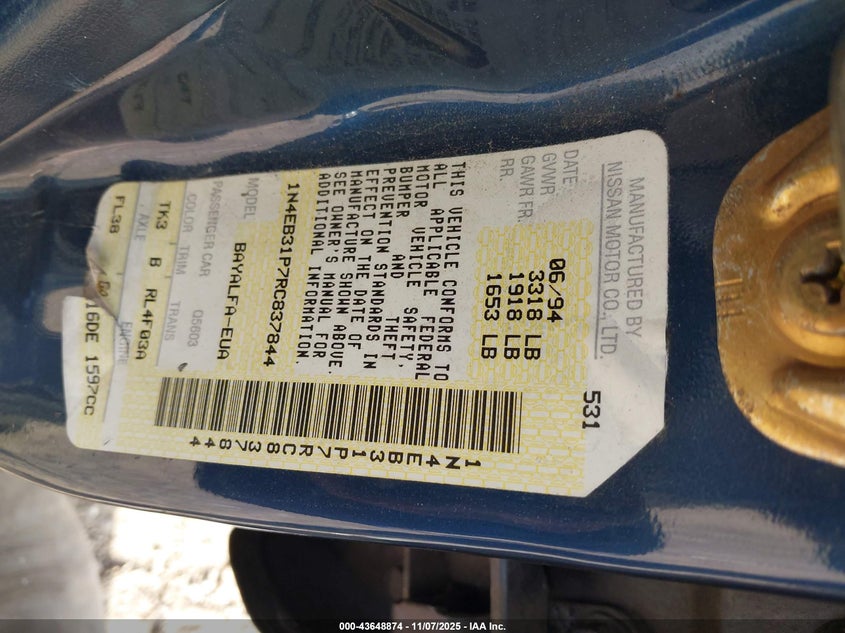 1994 Nissan Sentra E/Xe/Gxe/Le VIN: 1N4EB31P7RC837844 Lot: 43648874