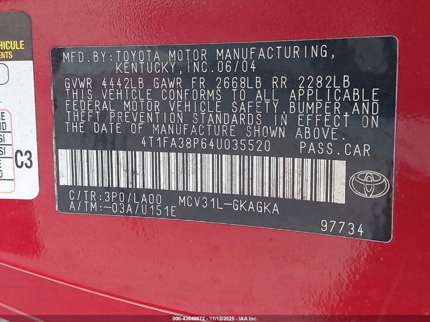 2004 Toyota Camry Solara Sle VIN: 4T1FA38P64U035520 Lot: 43648872