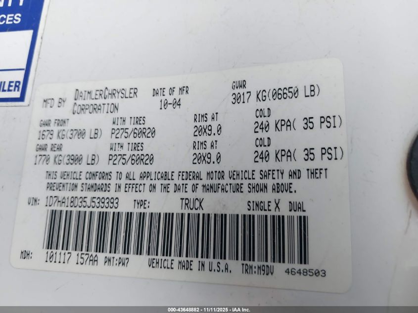 2005 Dodge Ram 1500 Slt/Laramie VIN: 1D7HA18D35J539393 Lot: 43648882