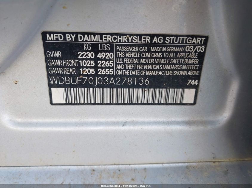 2003 Mercedes-Benz E 500 VIN: WDBUF70J03A278136 Lot: 43648894